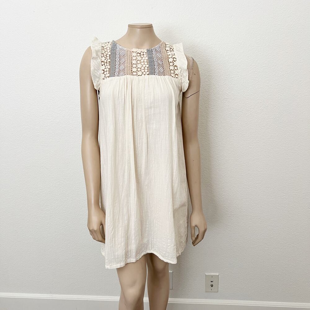 [Anthropologie] Eri + Ali Beige Crochet Flutter Sleeve Flowy Shift Dress Sz XXS